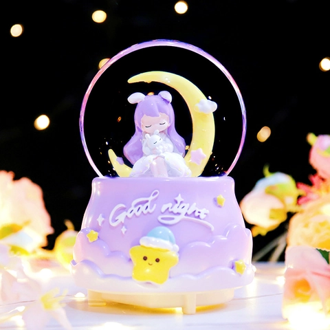 Cartoon Snow Globe Music Box Resin Glass LED Light Up Musical Rotating Automatic Snowfall Dreamy Home Decor Desktop Gift