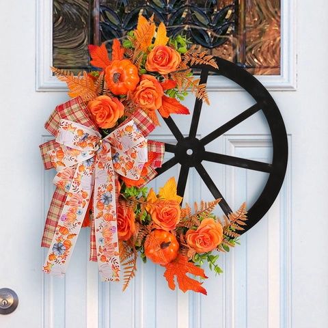 Herbstkranz Kürbis Ahornblatt Wagenrad Dekorative Türbehang Karo Schleife Erntedankfest Halloween Ornament