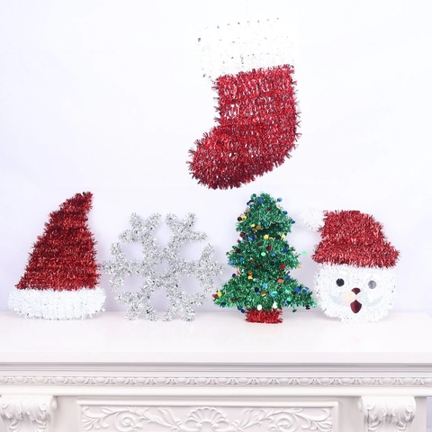 Ornamenti Natalizi In Tinsel E Paillettes Da Appendere Decorazione Babbo Natale Albero Fiocco Di Neve Cappello Calza Festa