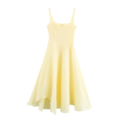 Vestido Largo Texturizado Con Fruncido Tirantes Finos Color Sólido Cuello En V Sin Mangas Dobladillo Irregular Verano