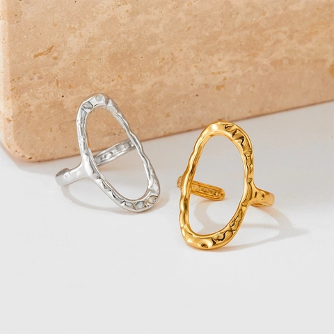 Hollow Geometric Irregular Ring Stainless Steel Hammered Texture Adjustable Open Band Minimalist Jewelry For Women Men