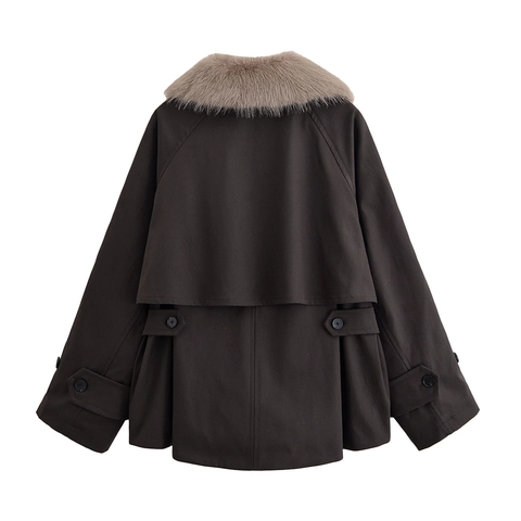 Women Solid Long Sleeve Trench Coat With Detachable Faux Fur Collar Zipper Pockets Elegant Autumn Jacket Outwear