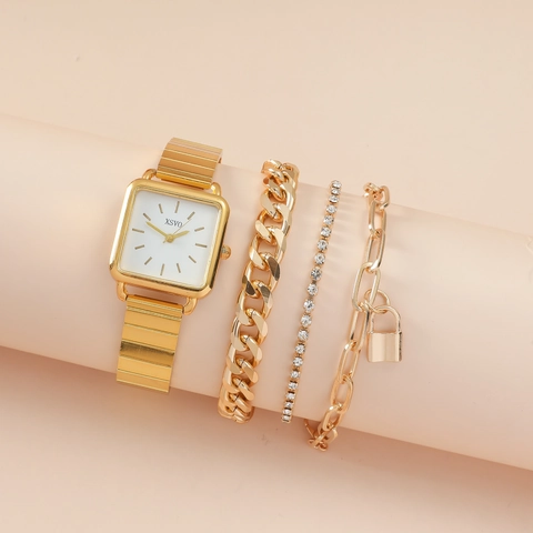 Luxury Gold Women Square Quartz Wristwatch And Fashionable Rhinestones Bracelets With Lock Pendant Retro Style Accessory