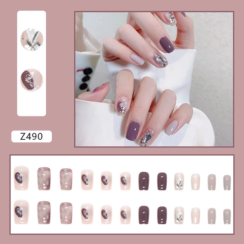 Faux Ongles À Presser Violet Gris Avec Motif Marbré Coquillage Élégant Strass Étincelant Cœur Pour Femmes