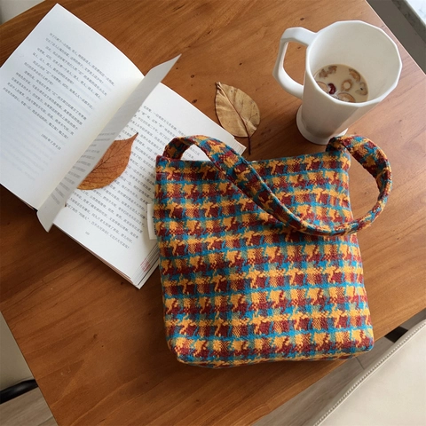 Borsa A Spalla Sottoascella In Lana Pied De Poule Vintage Borsa A Mano Con Fodera In Tela Chiusura Magnetica Per Donna