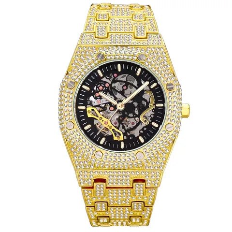 Men Skeleton Mechanical Watch Full Rhinestone Iced Out Octagonal Bezel Luxury Waterproof Luminous Stainless Steel Wristwatch