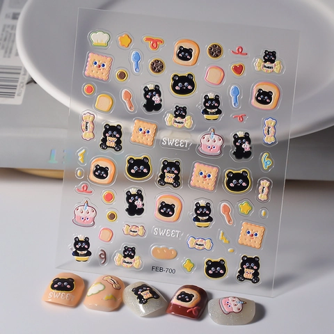 Autocollants Art Des Ongles 3D En Relief Imperméable Autocollant Chat Noir Dessin Animé Ours Décorations De Manucure Femmes