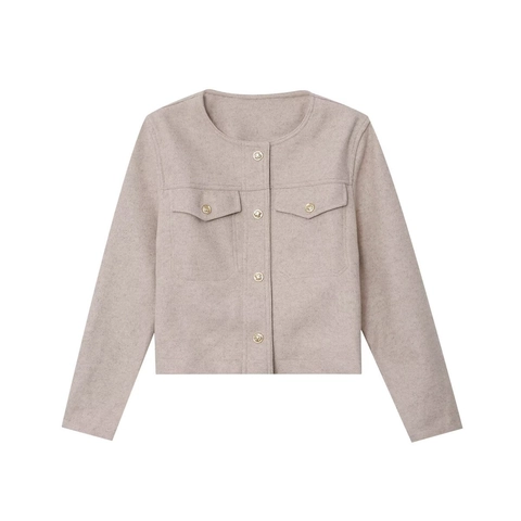 Women Elegant Short Jacket Round Neck Single Breasted Gold Button Long Sleeve Polyester Casual Crop Coat For Autumn