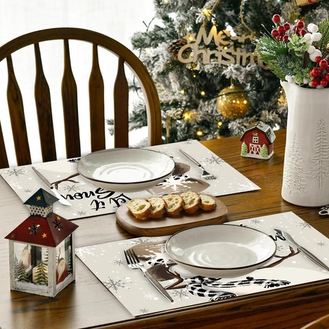 Sets De Table De Noël Motif Bonhomme De Neige Renne Polyester Isolé Antidérapant Lavable Décoration De Table Festive