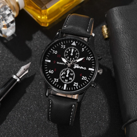 Geneva Men's Quartz Watch Business Casual Wristwatch Round Alloy Case Faux Leather Strap Multi Dial Decoration For Daily Use