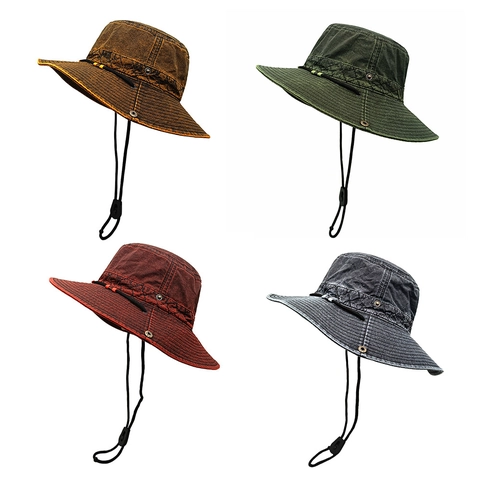 Cappello Da Pescatore Lavato Vintage Tesa Larga Protezione Solare All'aperto Escursionismo Berretto Cordino Regolabile Stile Retrò