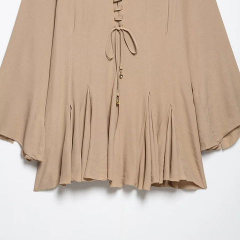 Geschnürtes Plissee Chiffon Minikleid Langarm Reverskragen Einfarbig Elegant Casual Damen