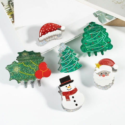 Mollette Per Capelli Natalizie Glitter Acrilico Luccicante Babbo Natale Pupazzo Di Neve Albero Forme Festa Forcine Per Donne