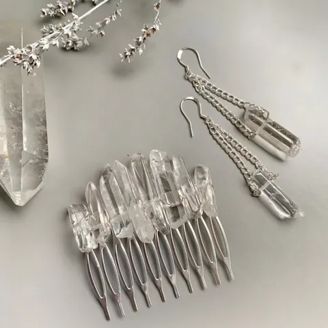 Natural Clear Quartz Crystal Hair Comb And Earrings Handmade Bohemian Wedding Bridal Hair Accessories