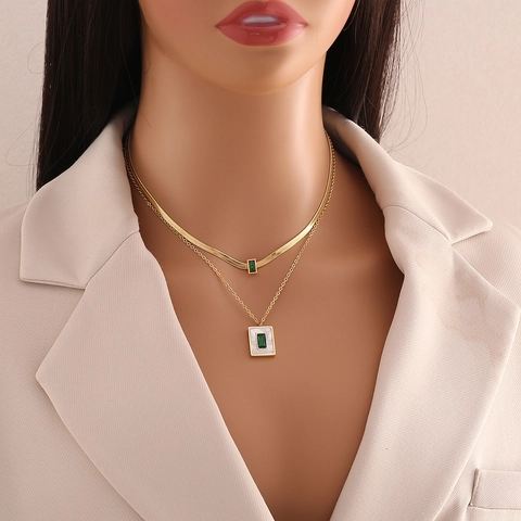 Stainless Steel Emerald Green Rectangle Pendant Double Layer Necklace Retro Enamel Jewelry Elegant Accessories Women