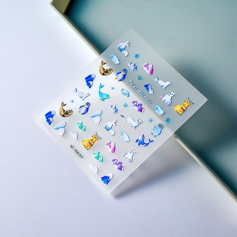 5D Reliëf Nagelstickers Pooldieren Pinguïn Ijsbeer Ontwerp Zelfklevend Schattige Cartoon Manicure Decoratie