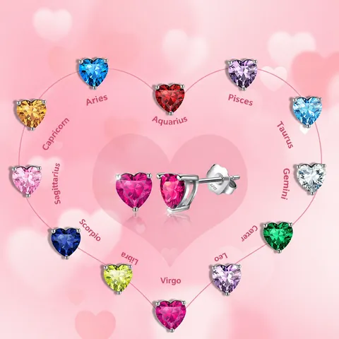Luxury 925 Sterling Silver Heart Shaped Zirconia Stud Earrings 12 Colors Birthstone Constellation Women Jewelry Gift Earring