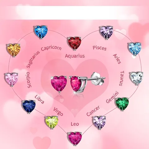 Luxury 925 Sterling Silver Heart Shaped Zirconia Stud Earrings 12 Colors Birthstone Constellation Women Jewelry Gift Earring