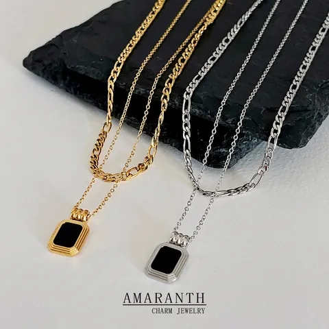 Vintage Doppellagige Halskette Mit Schwarzem Quadratischem Anhänger Für Damen Edelstahl 18K Vergoldet Silber Abnehmbare Figaro Kette Schmuck