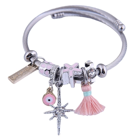 Adjustable Stainless Steel Wire Bangle With Evil Eye Alloy Rhinestone Star Charms And Cotton Tassel Bohemian Jewelry