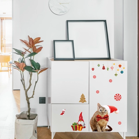 Kerst Wandstickers PVC Waterdicht Cartoon Kat Kerstman Boom Ornamenten Voor Venster Glas Showcase Huis Feestelijke Decoratie