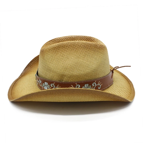 Western Cowboy Straw Hat Wide Brim Sun Protection Ethnic Bohemian Floral Embroidery Faux Leather Band For Men Women