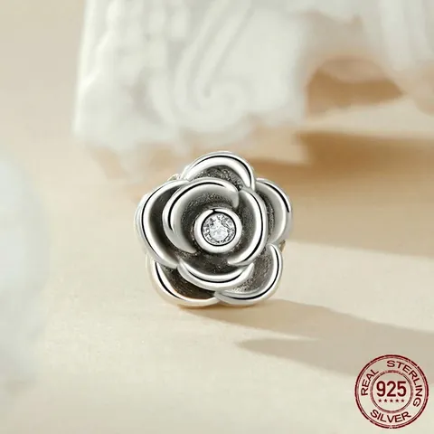 3D Rose Flower Bead Charm 925 Sterling Silver White Zircon DIY Jewelry Accessory For Bracelet Necklace Elegant Floral