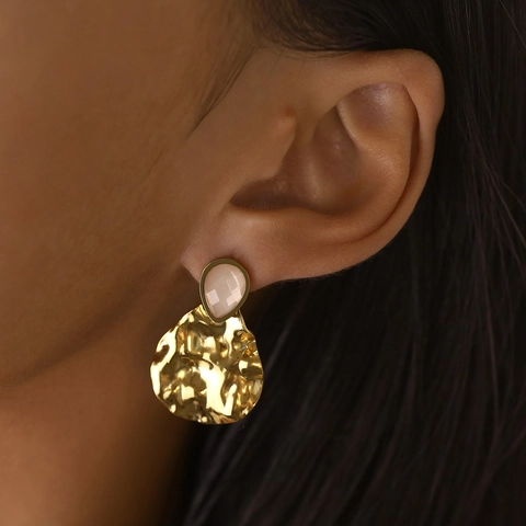 Vintage French Rose Quartz Drop Earrings With Stainless Steel Earring Post 18K Gold Plated Hammered Texture For Women