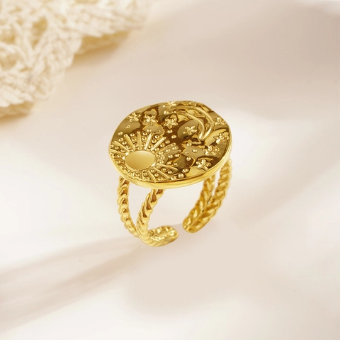Vintage Sun Moon Star Relief Ring Stainless Steel Adjustable Open Band Celestial Jewelry For Women