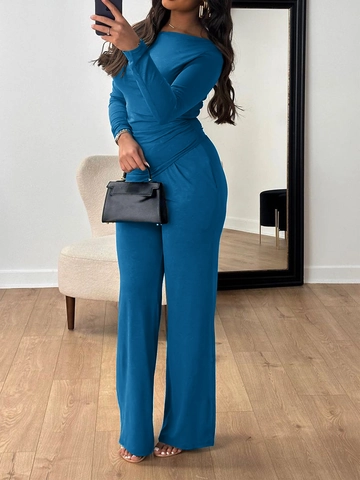 Women Slant Shoulder Top And Wide Leg Pants Elegant Polyester Spandex Textured Casual Streetwear Outfits