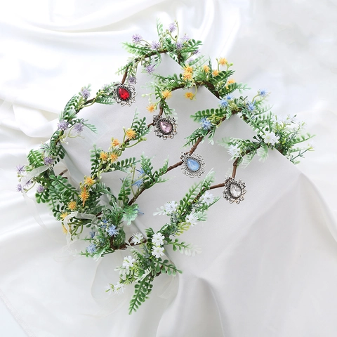 Corona Di Fiori Fascia Floreale Artificiale Con Pendente In Strass Retro Fata Matrimonio Fotografia Accessori Capelli