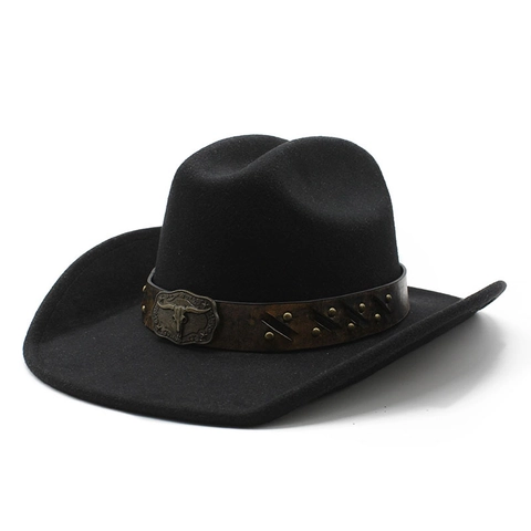 Western Cowboy Hat Vintage Felt Wide Brim With Bull Head Metal Buckle Leather Belt For Men Women