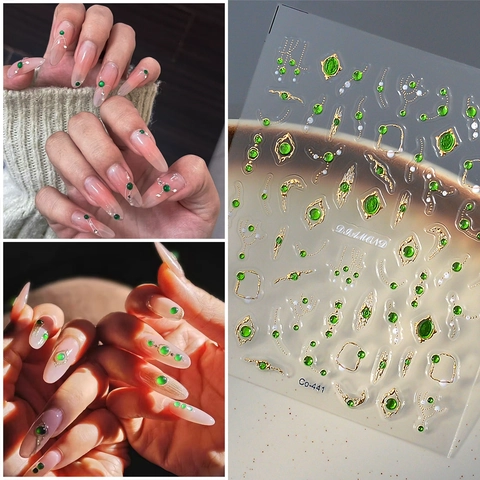 Pegatinas De Uñas 5D Relieve Gema Verde Esmeralda Línea Dorada Adhesivo Lujo Retro Calcomanías Manicura DIY
