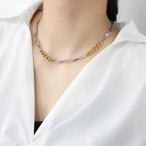 Stainless Steel Asymmetric Chain Necklace Two Tone Gold Silver Cuban Link Paperclip Stitching For Women Fashion Jewelry
