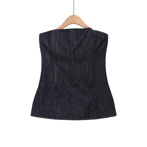 Denim Tube Top Strapless Off Shoulder Corset Slim Fit Back Zipper Chic Vintage Indigo Blue Women