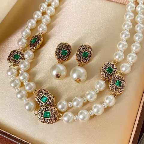 Vintage Double Layer Imitation Artificial Pearl Necklace And Rhinestone Earrings With Silver Earring Post Retro Alloy Accessories