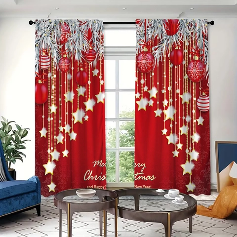 Christmas Curtains Polyester Digital Print Santa Claus Gingerbread House Reindeer Snowman Festive Window Drapes