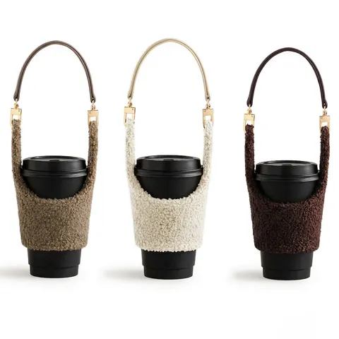 Coffee Cup Sleeve Lamb Velvet Portable PU Leather Handle Thermal Insulated Drinkware Cover Outdoor Travel Accessories