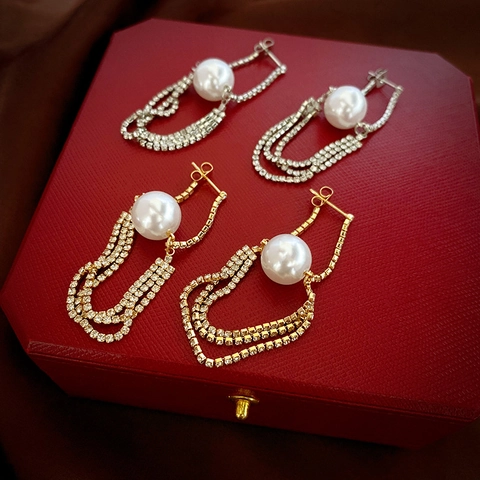 Artificial Pearl Tassel Drop Earrings Rhinestone Chain Elegant 925 Sterling Silver Earring Post Luxury Evening Jewelry Women