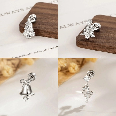 Christmas Cartilage Ear Studs Titanium Steel Copper Zircon Screw Ball Back Bow Bell Tree Candy Cane Piercing Jewelry
