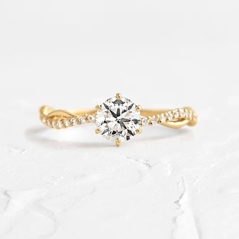 Runder Zirkon Ring Mit Gedrehtem Band 925 Sterlingsilber Vergoldet Eleganter Funkelnder Verlobungsschmuck Für Damen