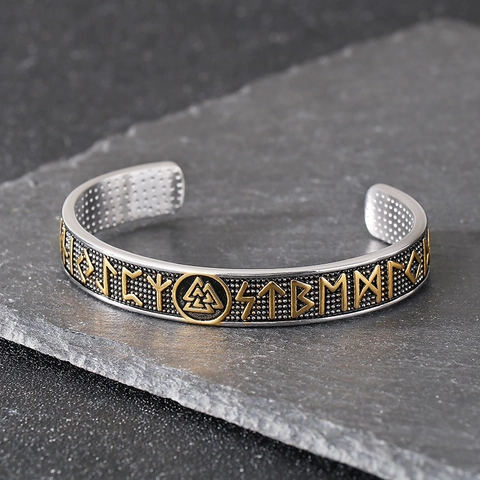 Pulsera Brazalete Abierto Runas Vikingas Acero Inoxidable Mitología Nórdica Valknut Joyería Estilo Punk Hombre