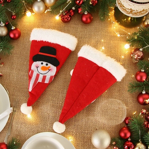 Porte Couverts De Noël Père Noël Bonhomme De Neige Sacs À Couverts Mini Chapeau Poches Pour Couteaux Fourchettes Tissu Décorations