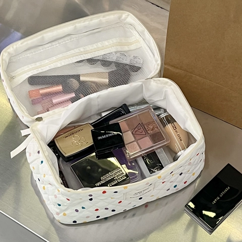 Colorful Polka Dot Quilted Cotton Makeup Bag Travel Cosmetic Organizer Large Capacity Handbag Pouch Women