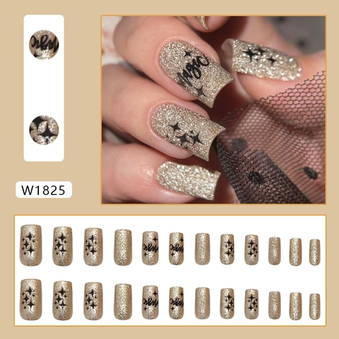 Vierkante Press On Nagels Goud Glitter Sterpatroon Middellang Volledige Dekking Verwijderbaar Kunstnagels Met Lijm