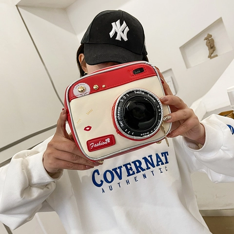 Camera Shaped PU Leather Crossbody Bag Color Block Creative Novelty Small Shoulder Purse For Women Girls Students