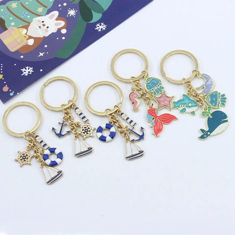 Nautical Theme Metal Enamel Keychain Marine Life Sailboat Anchor Helm Lighthouse Mermaid Tail Sea Creature Keychain Pendant Gift For Ocean Lovers