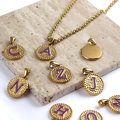 Rund Halskette Mit Buchstabenanhänger Edelstahl Gold Plated Lila Emaille Initial Alphabet A-Z Retro Hip Hop DIY Schmuck
