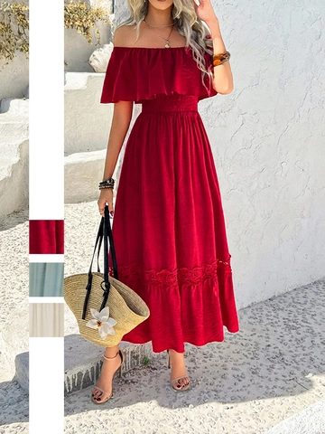 Off Shoulder Maxi Kleid Viskose Rüschen Gesmokte Taille Spitze Urlaub Boho Stil Damen