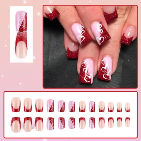 Unghie Finte Press On Corte Quadrate Glitter Rossi French Tip Cuore Bianco San Valentino Dolce Lucido Per Donne